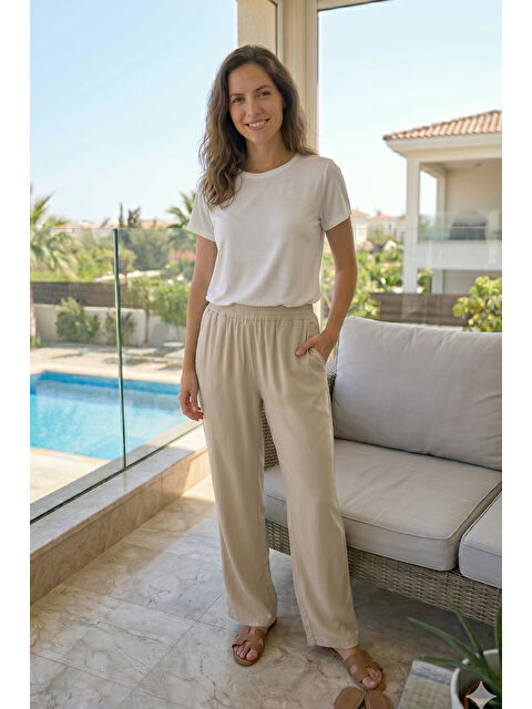 Remsa Kadın Penye Kumaş Viskon Tek Pijama Alt 27 Koyu Bej