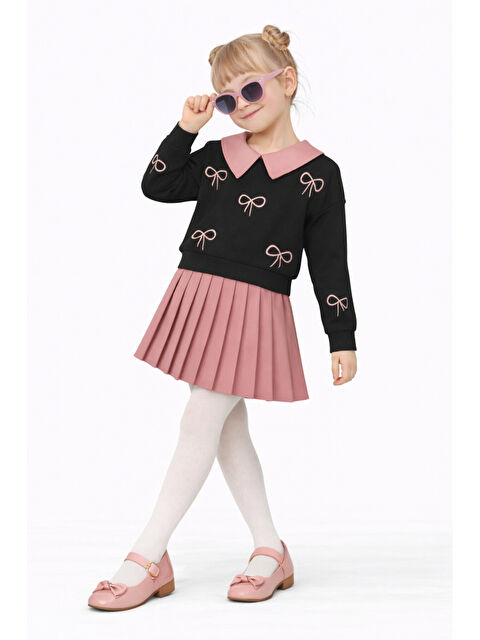 Ahengim Kız Çocuk Yakalı Fiyonklu Sweatshirt Piliseli Etek 2’li Takım Ak14513 - S000530101-7152