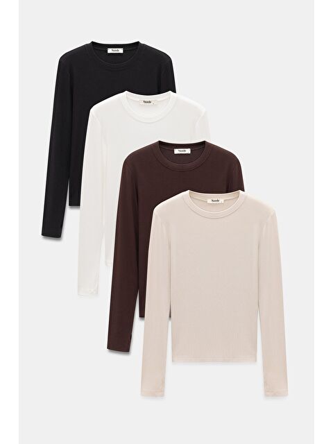 Saade Çok Renkli Kadın Bisiklet Yaka Parmak Geçmeli Uzun Kollu Body/Bluz - 4'lü Paket - S000500008-23173