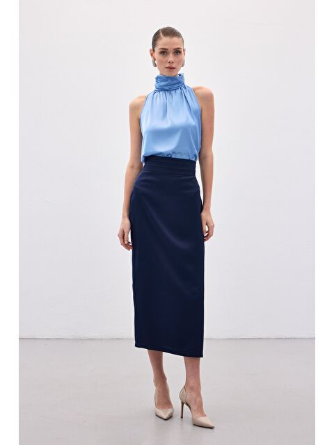 SATEEN Bel Pile Detaylı Saten Etek - Lacivert - S000324038-21164
