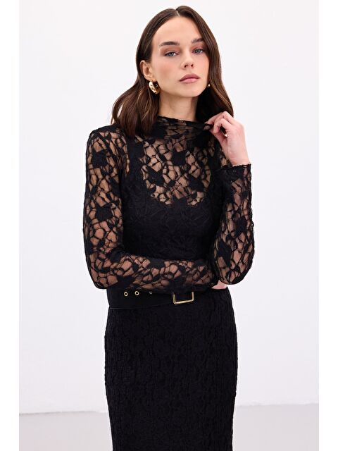 SATEEN Transparan Dantel Bluz - Siyah - S000499946-19351