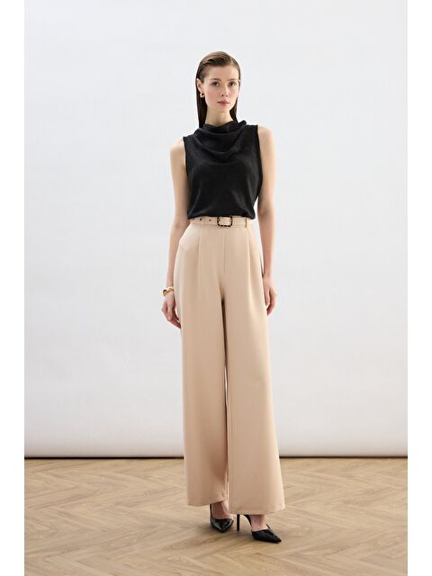 SATEEN Kemerli Bol Pantolon - Bej - S000497821-19928