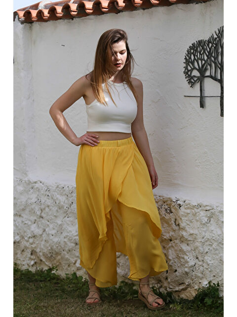 Chiccy Sarı İnce Çift Katlı Lastikli Bel Geniş Paça Casual Dokuma Pantolon 100 60 - S000367659-20072