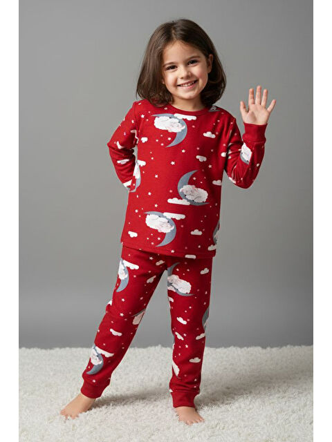 Tofisa Kız Çocuk Kirmizi Baskılı Süet Pijama Takımı - 28127-KIRMIZI - S000495291-20045