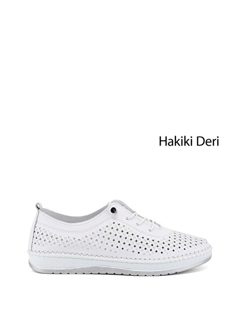 GÖNDERİ(R) Kadın CANLI BEYAZ Bağcıklı Hakiki Deri Comfort Ayakkabı