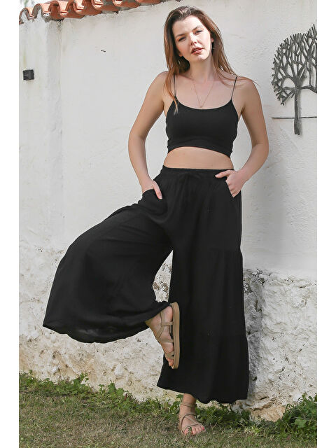 Chiccy Siyah Cepli Lastikli Ve Bağlamalı Bel İspanyol Paça Casual Viskon Dokuma Pantolon 108 65 - S000367662-19351