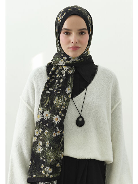 Fresh Scarfs TINY DAISY DESENLİ PAMUK VİSKON ŞAL SİYAH - S000514046-19351