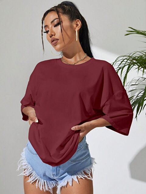 Trendseninle Unisex Bordo Baskısız Tişört - S000516497-19951