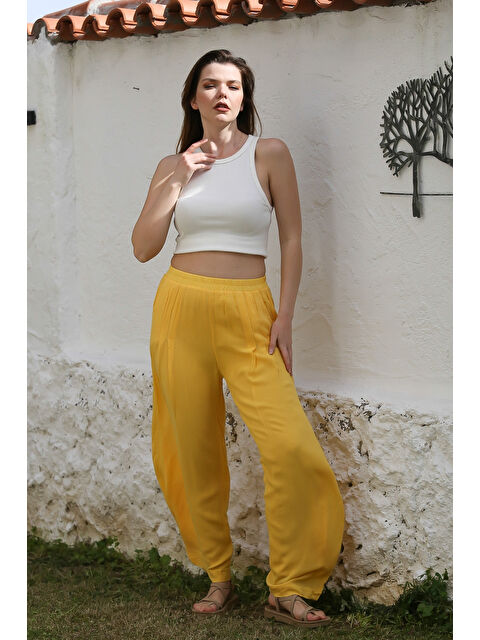 Chiccy Sarı Cepli İnce Astarlı Çift Katlı Pileli Lastikli Bel Casual Dokuma Pantolon 108 60 - S000367661-20072