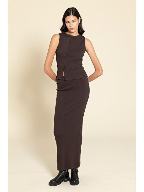 For You Moda Düğmeli Kahverengi Bluz Etek Takım - S000333534-19413