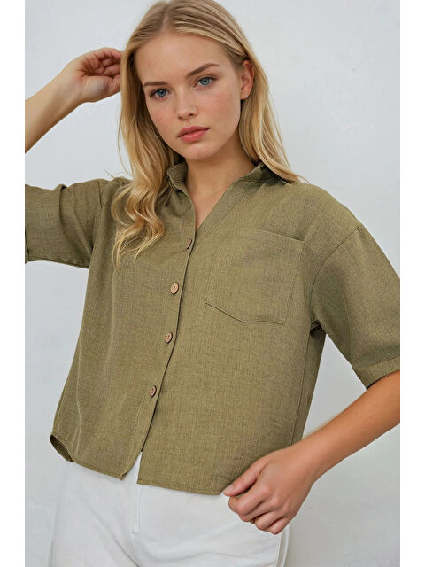 Hazelin Kadın Haki Keten Görünümlü Crop Gömlek HZL25S-BD1203391 - S000400672-18547