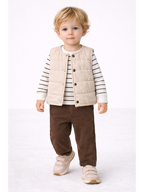 Harika Kids Erkek Bebek 3’lü Takım 9-24 Ay Şişme Yelek %100 Pamuk Sweatshirt Kadife Pantolon - S000513250-19413