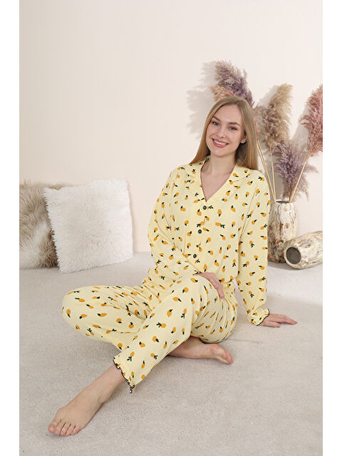 SEBOTEKS Bürümcük Kumaş Önden Düğmeli Uzun Kollu Kadın Pijama Takımı 6007 - S000498992-20072