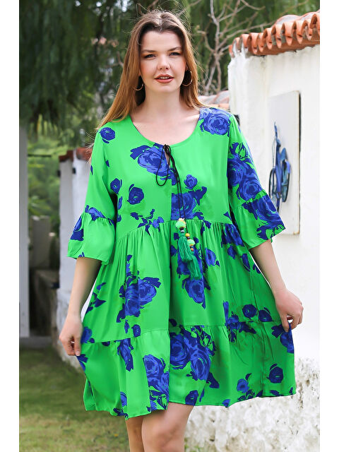 Chiccy Yeşil Havuz Yaka Fırfırlı Kol Bağlamalı Eteği Fırfırlı Püsküllü Casual Viskon Dokuma Elbise 95 52 - S000367665-18194