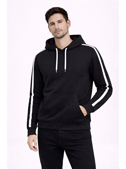 Jane's Erkek Şeritli Kapüşonlu Sweatshirt Oversize 3 Iplik Pamuklu - Siyah