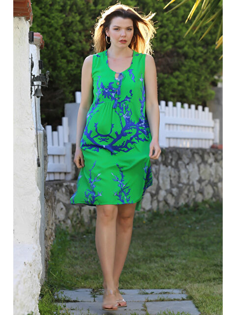 Chiccy Yeşil Havuz Yaka Kolsuz Bağlamalı Püsküllü Allover Baskılı Casual Viskon Dokuma Elbise 100 60 - S000367666-18194