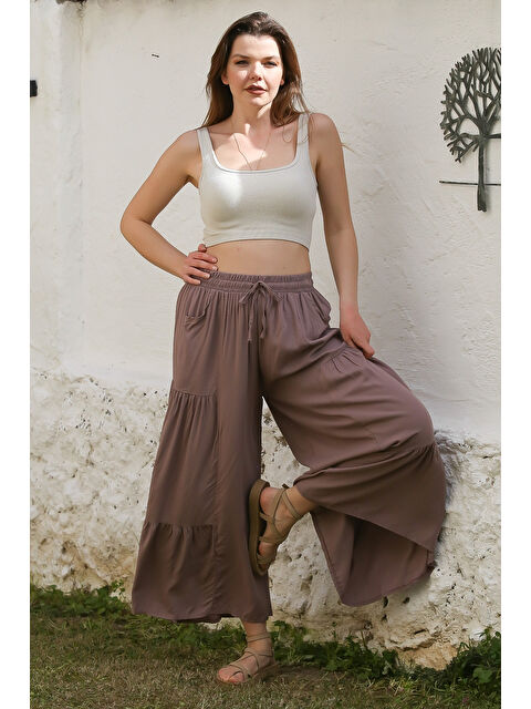 Chiccy Açık Kahve Cepli Lastikli Ve Bağlamalı Bel İspanyol Paça Casual Viskon Dokuma Pantolon 108 65 - S000367662-29705