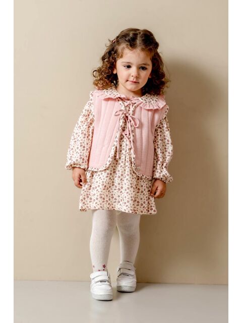 Magu Kız Çocuk Pamuklu Pudra Çiçek Desenli Elbise Ve Yelek Takım - S000497805-20024