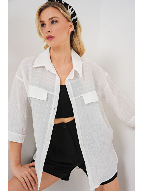 Bigdart Kadın Cep Detaylı Kısa Kol Gömlek 20317 - Beyaz - S000400674-20063