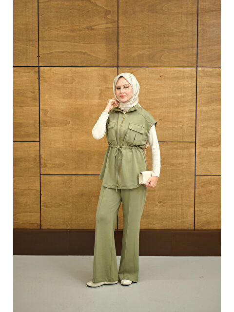 Locco Moda Kadın Beli Ayarlanabilir Gold Fermuar Detay Yelekli Takım Açık Yeşil - S000494479-29488