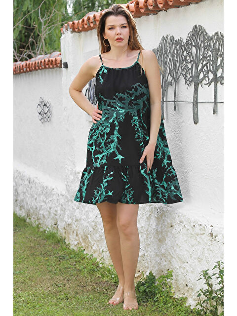 Chiccy Siyah Eteği Fırfırlı Ayarlanabilir Askılı Allover Baskılı Casual Viskon Dokuma Elbise 105 66 - S000367667-19351