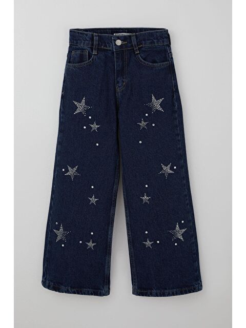 Breeze Kız Çocuk Jean Pantolon Taşlı Yıldız Aksesuarlı Koyu Mavi (5-9 Yaş) - S000493749-19393