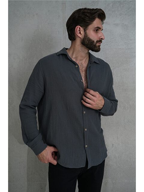 Bohemai Herman Oversize Erkek Antrasit Müslin Gömlek - S000513701-29666