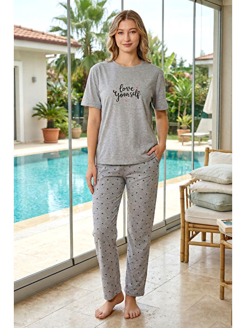 Remsa Kadın Desenli Kısa Kol Suprem Pijama Takımı 0626 Gri