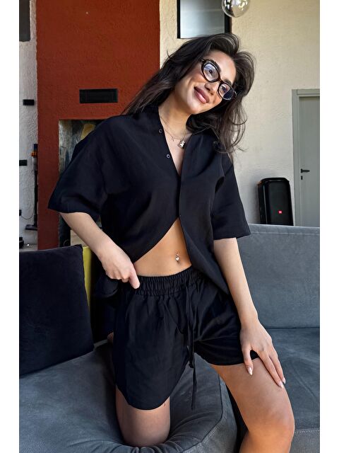 Madmext Siyah Basic Kadın Şort Gömlek Takım Mg2361 - S000363956-19351