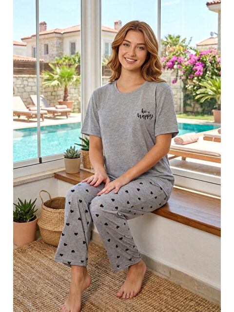Remsa Kadın Desenli Kısa Kol Suprem Pijama Takımı 0625 Gri02