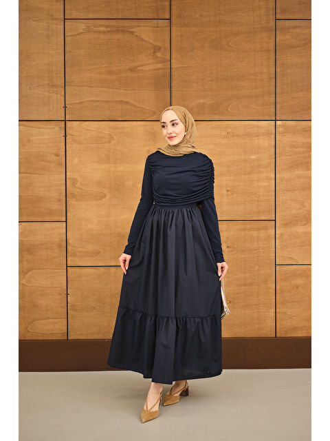 Locco Moda Kadın Büzgü Detaylı Sandy Poplin Elbise Lacivert - S000530107-21164