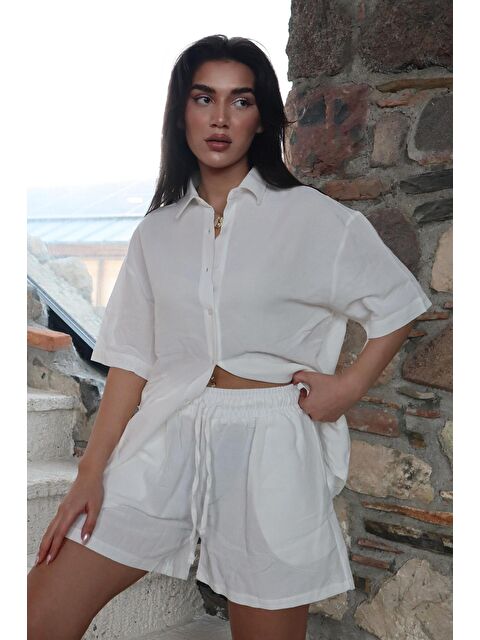 Madmext Beyaz Basic Kadın Şort Gömlek Takım Mg2361 - S000363956-20063