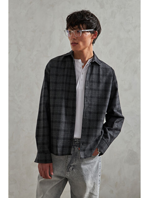 HYMAN Erkek Oversize %100 Pamuk Ekose Gömlek - S000515490-19351
