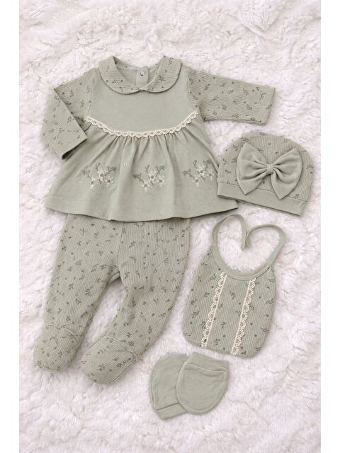 Verona Tarz Kız Bebek Lüx Kutulu Waffle Kumaş Çiçekli Fiyonklu 5li Hastane Çıkış Seti Yenidoğan Pamuklu - S000506319-19972