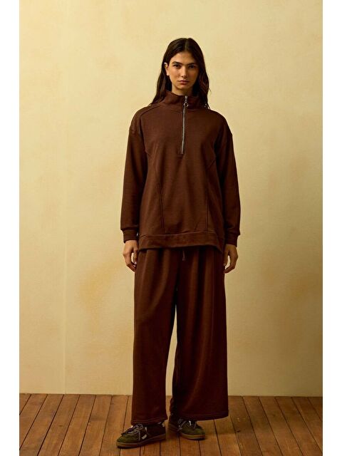 Ceylan Otantik Acı Kahve 3 İplik Yarım Fermuarlı Eşofman Takım - S000485842-28102