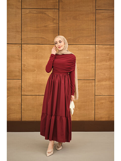 Locco Moda Kadın Büzgü Detaylı Sandy Poplin Elbise Bordo - S000530107-19951