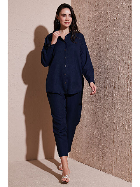 Lela Keten Karışımlı Regular Fit Lastikli Bel Uzun Kollu Kadın Alt Üst Takım 6696622 - S000380562-21164