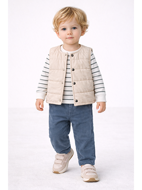 Harika Kids Erkek Bebek 3’lü Takım 9-24 Ay Şişme Yelek %100 Pamuk Sweatshirt Kadife Pantolon - S000513250-21164