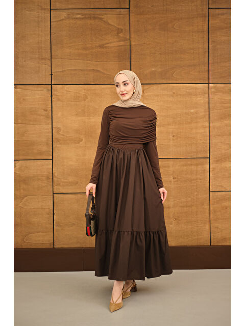 Locco Moda Kadın Büzgü Detaylı Sandy Poplin Elbise Kahverengi - S000530107-19413
