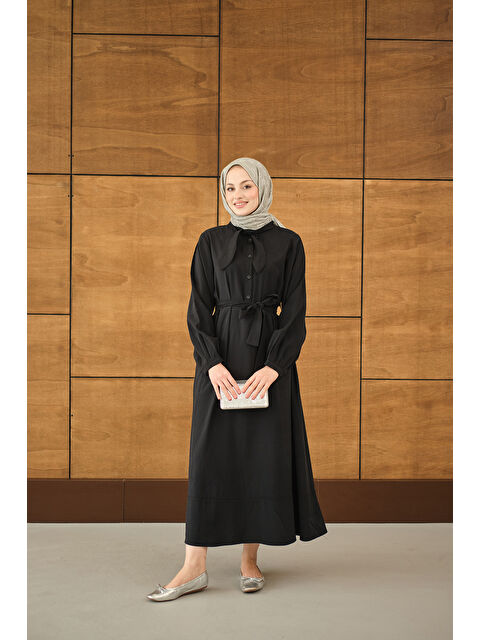 Locco Moda Kadın Fular Yaka Detaylı Nervürlü Modal Elbise Siyah