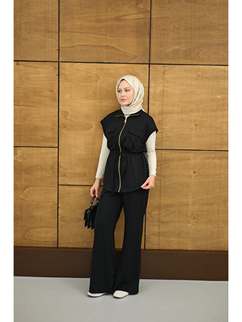 Locco Moda Kadın Beli Ayarlanabilir Gold Fermuar Detay Yelekli Takım Siyah - S000494479-19351