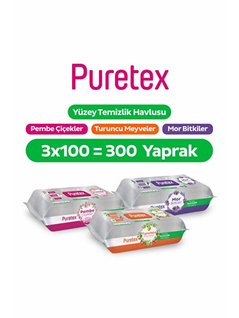Puretex Yüzey Temizlik Havlusu Pembe Çiçekler+Turuncu Meyveler+Mor Bitkiler 3x100 (300 Yaprak) - S000516554-10231