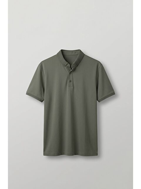 Abluka Online Erkek Slim Fit Düğmeli Triko Yaka Polo T-Shirt Haki