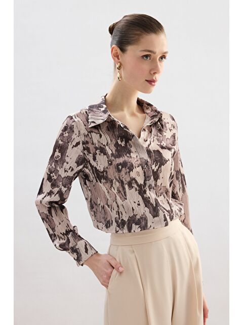 SATEEN Desenli Düz Kesim Gömlek - Kahve - S000497799-19413
