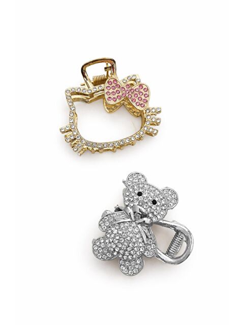 New Obsessions Kitty ve Teddy Figürlü Kristal Taşlı Mandal Saç Tokası 2 Adet - S000492946-18105