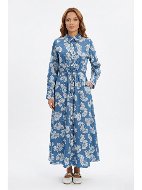 Remsa Desenli Düğme Detay Elbise 13296 Mavi