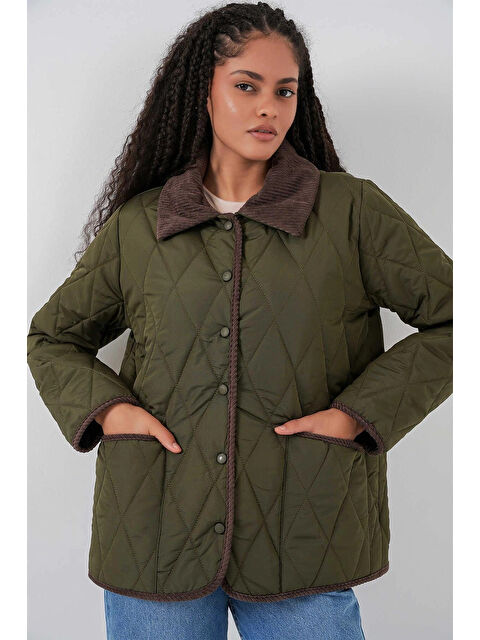 Hazelin Kadın Haki Çıt Çıt Kapamalı Kadife Detaylı Kapitone Mont HZL25W-BD152261 - S000498989-18547