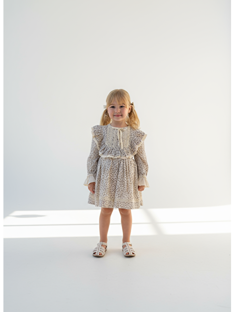 Magu Kız Çocuk Çiçek Desenli Fırfır Detaylı Uzun Kollu Pamuklu Elbise - Bej - S000441215-19928