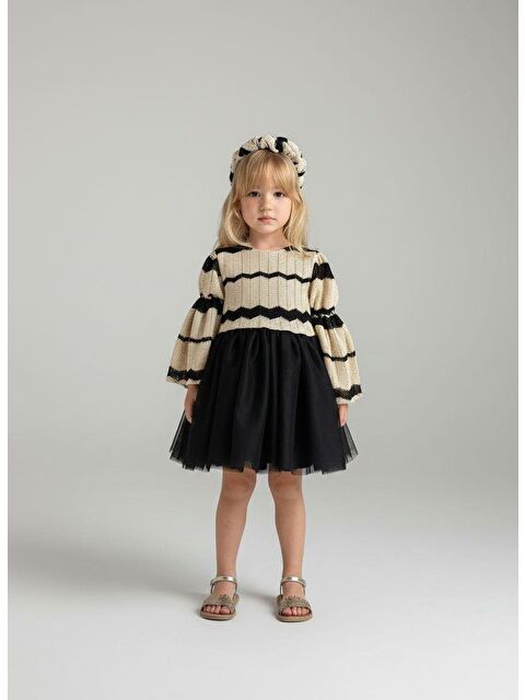 Magu Kız Çocuk Pamuklu Triko Desenli Balon Kol Siyah Tül Etekli Elbise - S000441212-23173