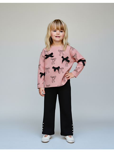 Magu Kız Çocuk Pamuklu Pembe Fiyonk Desenli T-Shirt Ve Siyah İnci Düğme Detaylı Pantolon Takım - S000441216-20024